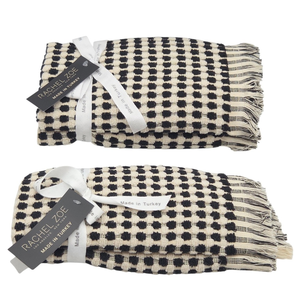 Rachel Zoe 6pc Turkish Cotton Towel Set Black Ecru Raised Dots 2Bath 2Hand 2tip - Picture 8 of 15